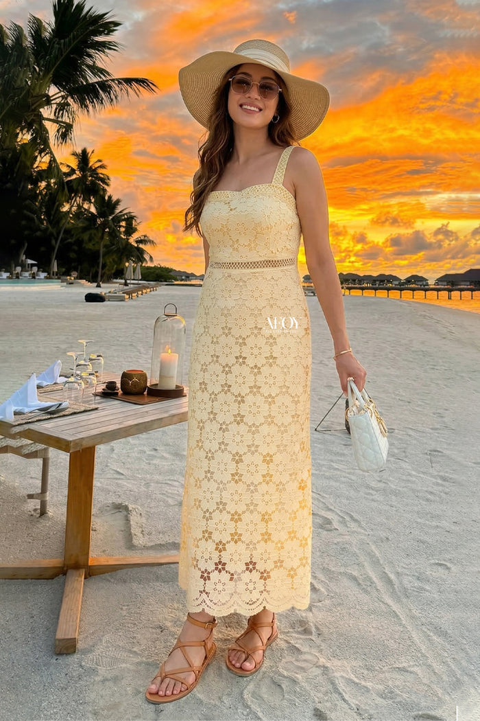 Yellow lace maxi dress women