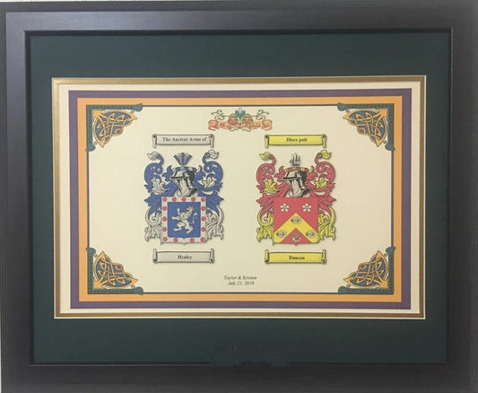 Dual Coat of Arms with First Names & Dates (16" x 20")