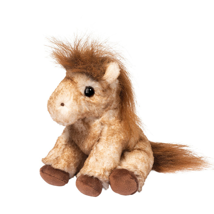 Plush horse toy with brown and beige fur on a white background