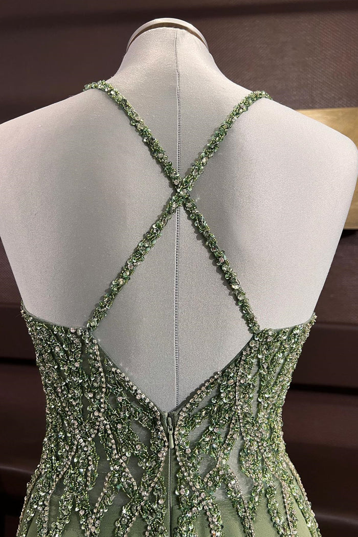 Dusty Sage Beaded Cross Back V Neck Seqins-Embroidery Long Prom Dress
