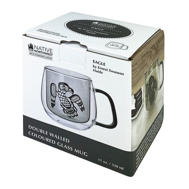 double walled coloured glass mug in the box on white background