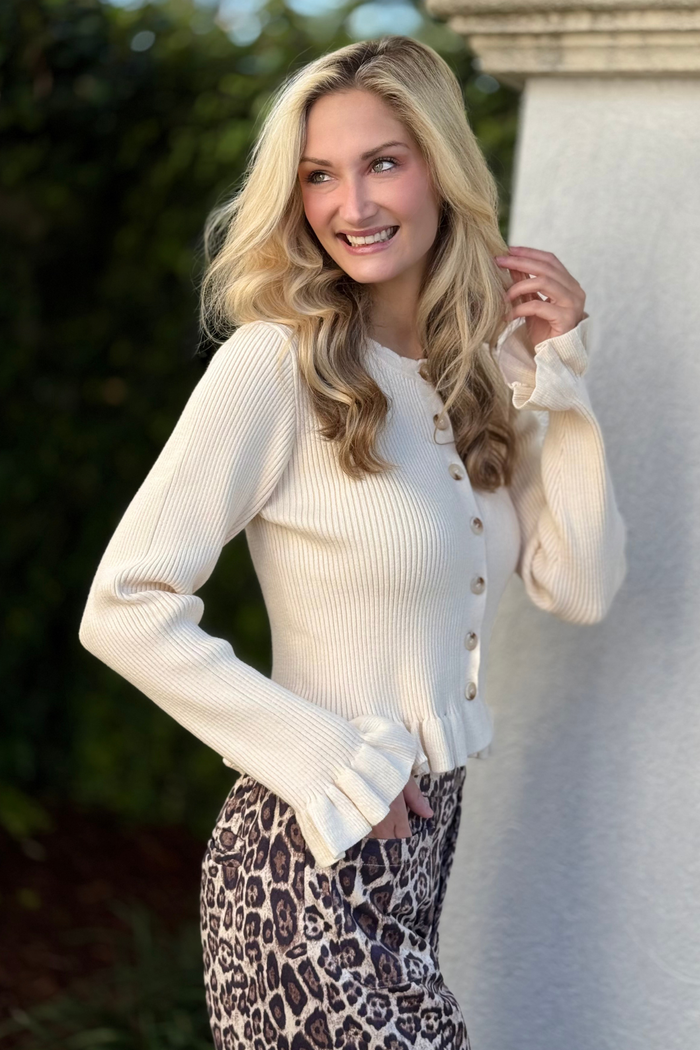 Egg Shell Ruffle Hem Ribbed Knit Cardigan Sweater