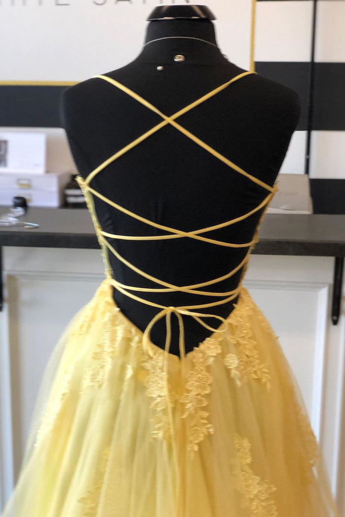 Elegant Appliques Lace-Up Back A-Line Yellow Long Prom Dress