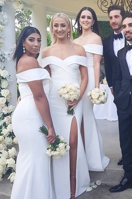 Elegant Off Shoulder Mermaid Long Bridesmaid Dress with Slit