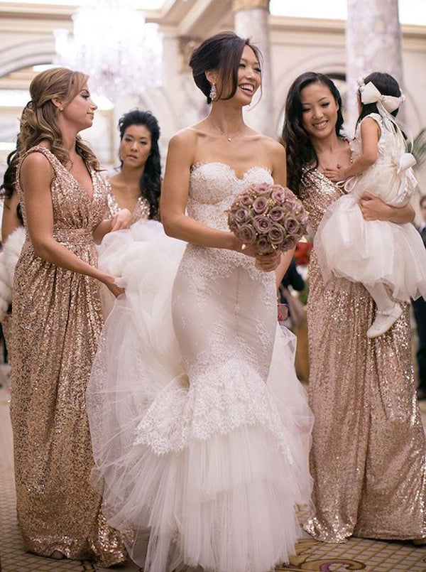 Elegant V-Neck Floor Length Sequins Gold Bridesmaid Dress