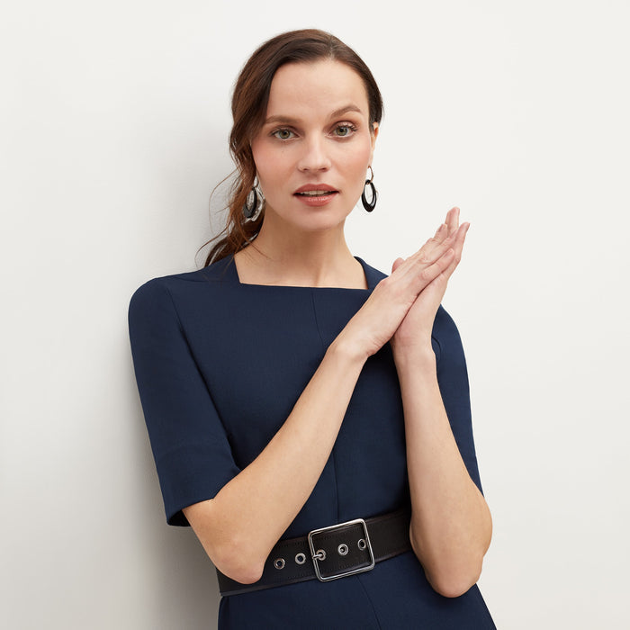 Detail image of a woman standing wearing the Emily in Galaxy Blue