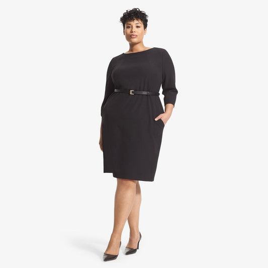 front image of a woman wearing the etsuko dress in black | Lead