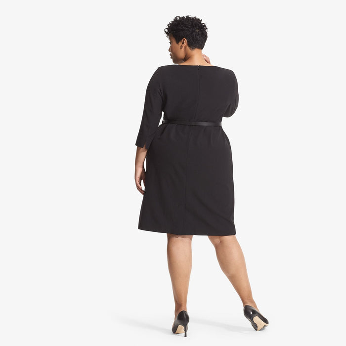 Back image of a woman wearing the etsuko dress in black