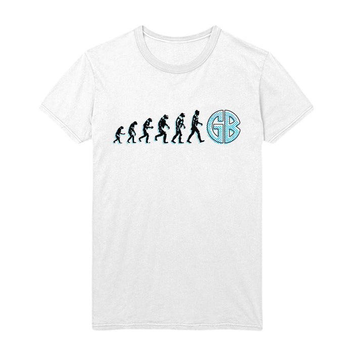 Gorilla Biscuits white T-shirt featuring an evolution graphic ending with a person kicking a large blue GB circle.