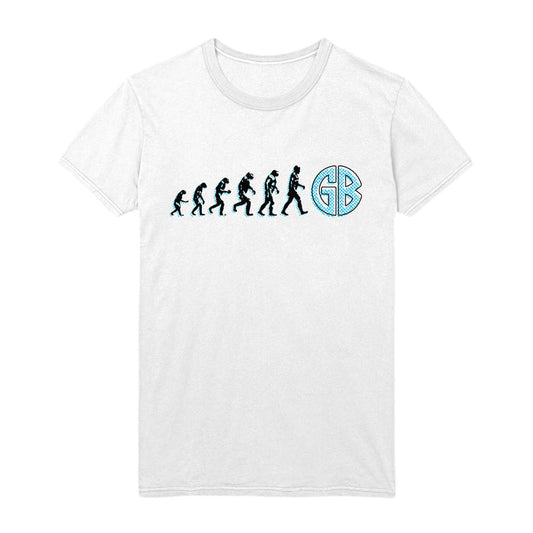 Gorilla Biscuits white T-shirt featuring an evolution graphic ending with a person kicking a large blue GB circle.