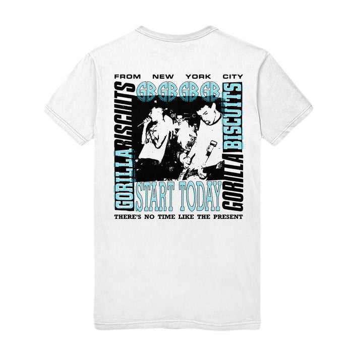 Gorilla Biscuits white T-shirt with black-and-white band photo and bold black/blue text: FROM NEW YORK CITY, GORILLA BISCUITS, START TODAY, and THERE’S NO TIME LIKE THE PRESENT.