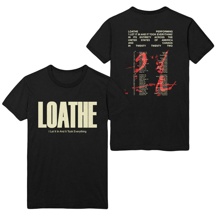 Black Loathe T-Shirt with bold front logo and small text. Back features Fall 2022 tour dates, cities, band name, and vivid red graphics on black with white text.