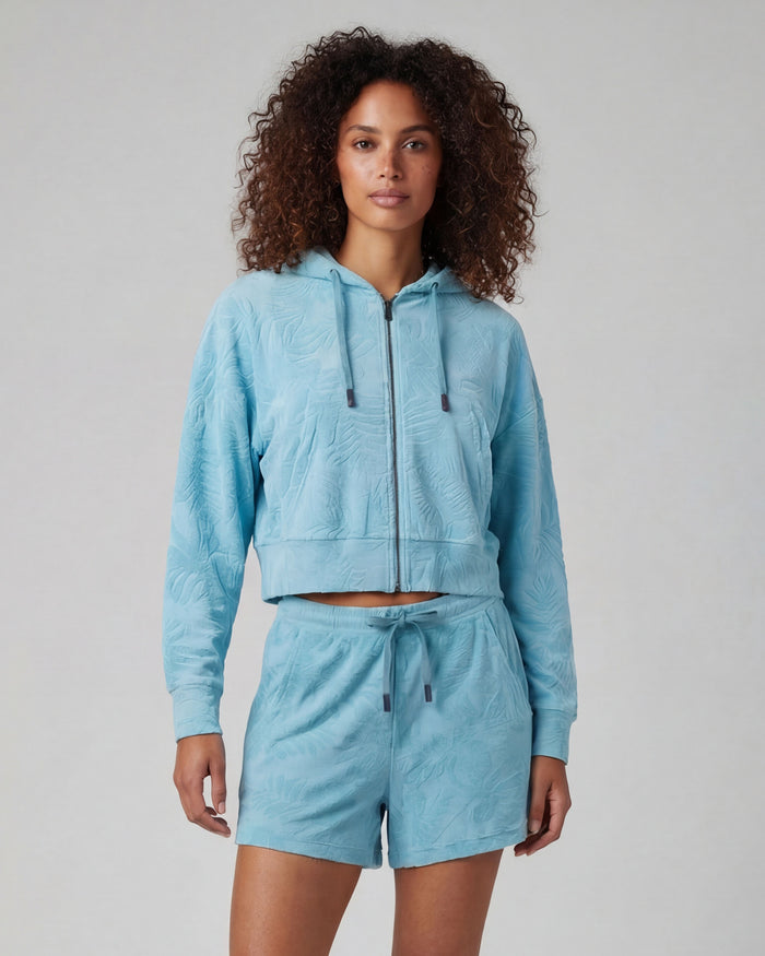 FIONA TEAL WOMENS CROPPED TERRY TOWELING ZIP HOODIE