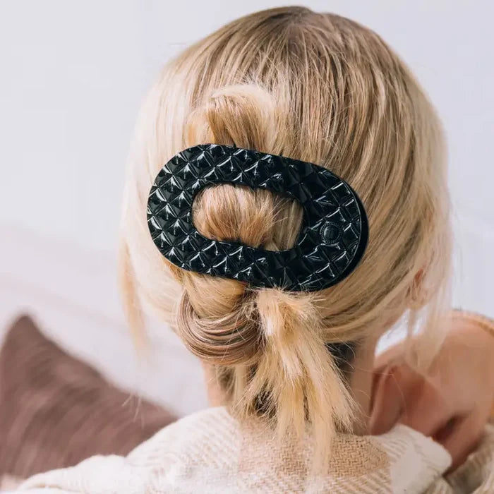 Flat Round Hair Clip | Jet Black Quilted | Large