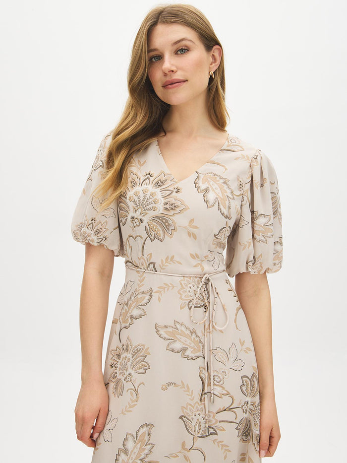 Gray Daze Floral Print Chiffon Midi Dress - Front View - Suzy Shier