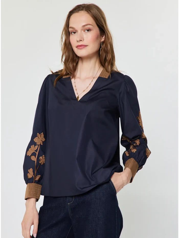 Floral Contrast Embroidered Long Sleeve Blouse