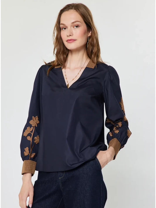 Floral Contrast Embroidered Long Sleeve Blouse