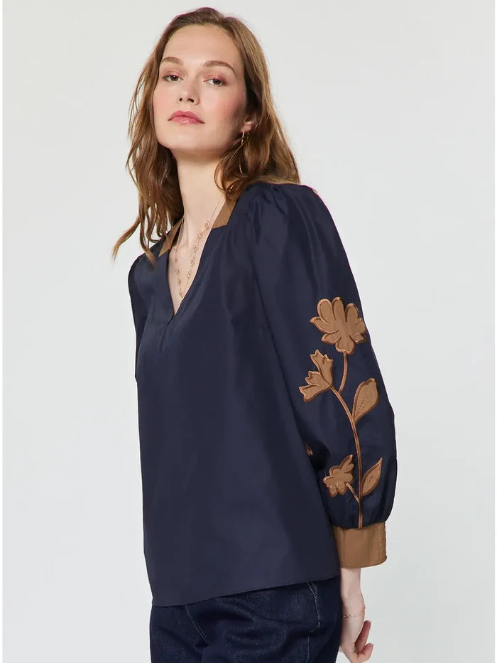 Floral Contrast Embroidered Long Sleeve Blouse