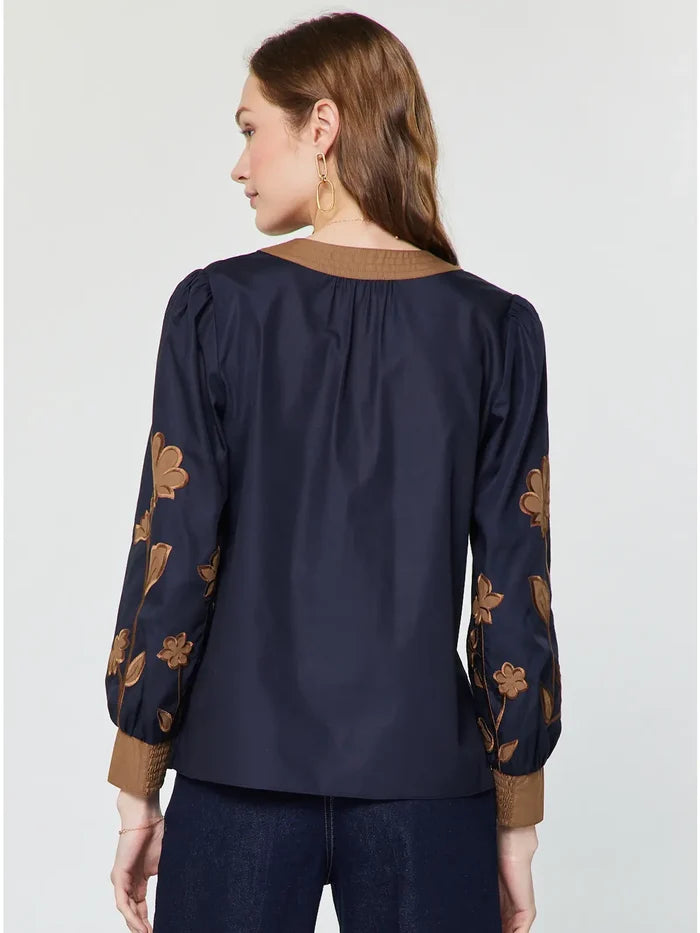 Floral Contrast Embroidered Long Sleeve Blouse