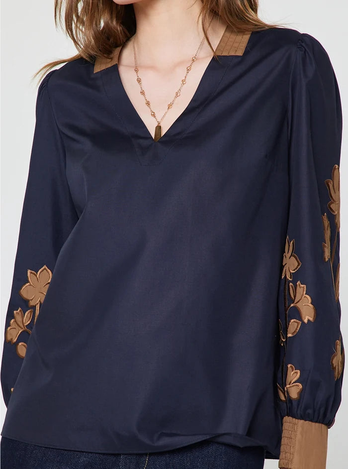 Floral Contrast Embroidered Long Sleeve Blouse