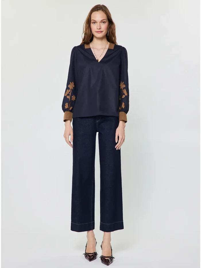 Floral Contrast Embroidered Long Sleeve Blouse