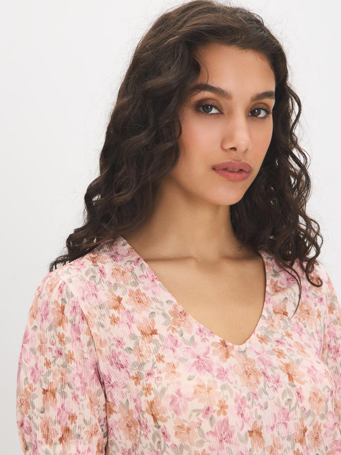 Peach Dust Floral Crinkle V-Neck Top - Front View - Suzy Shier
