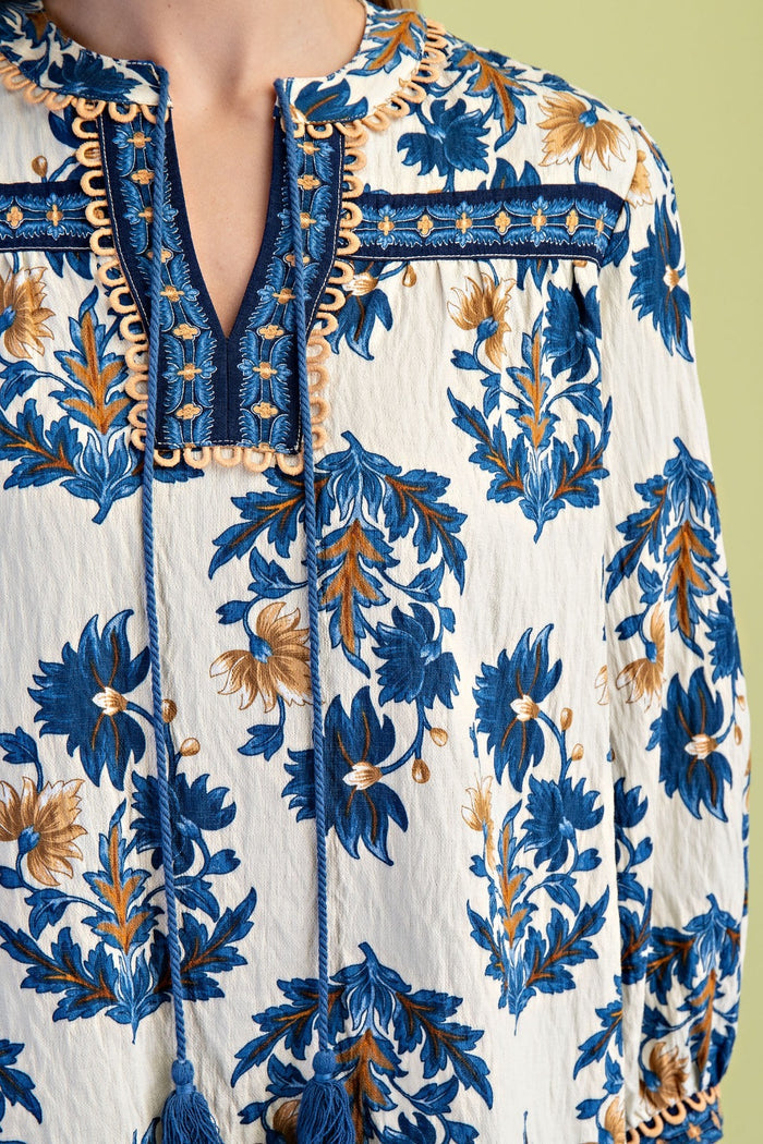 Floral Fall Print Blouse with Tassel Tie