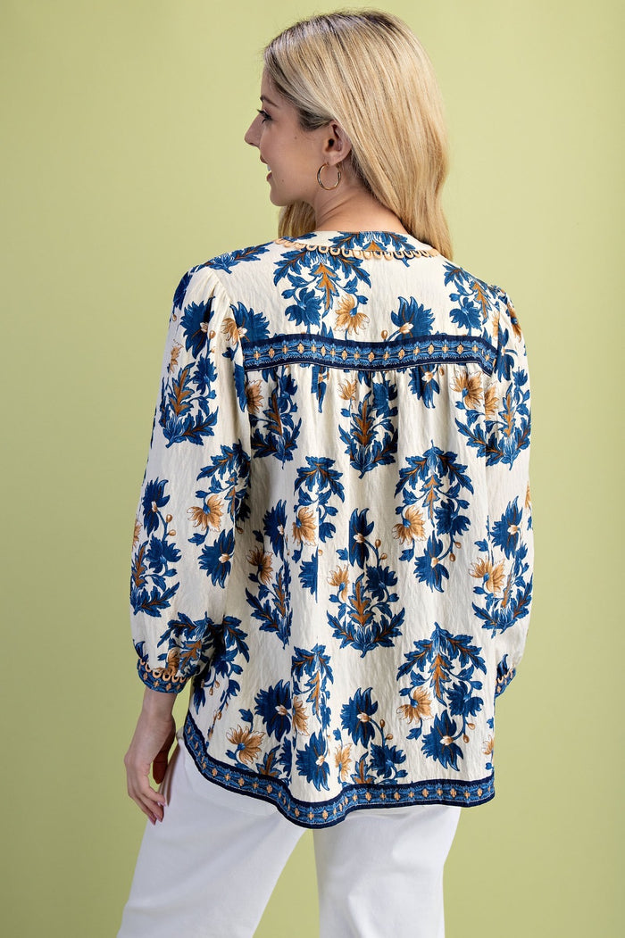 Floral Fall Print Blouse with Tassel Tie
