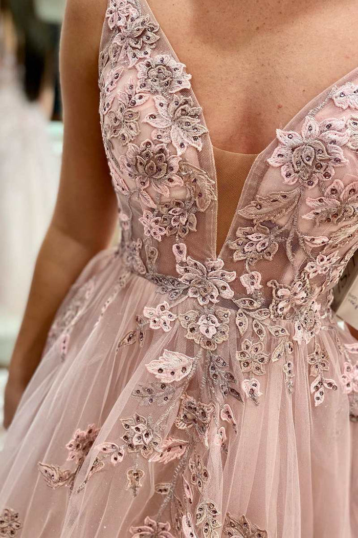 Floral Lace Plunge V Backless A-Line Prom Gown