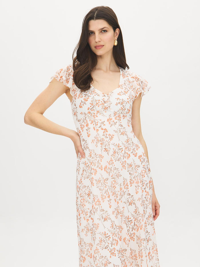 Warm White Floral Print Chiffon Midi Dress - Front View - Suzy Shier