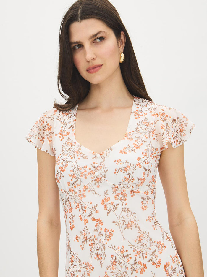 Warm White Floral Print Chiffon Midi Dress - Close-up Front Detail - Suzy Shier
