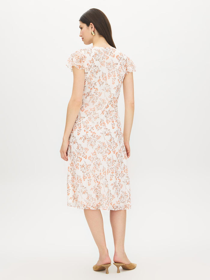 Warm White Floral Print Chiffon Midi Dress - Back View - Suzy Shier