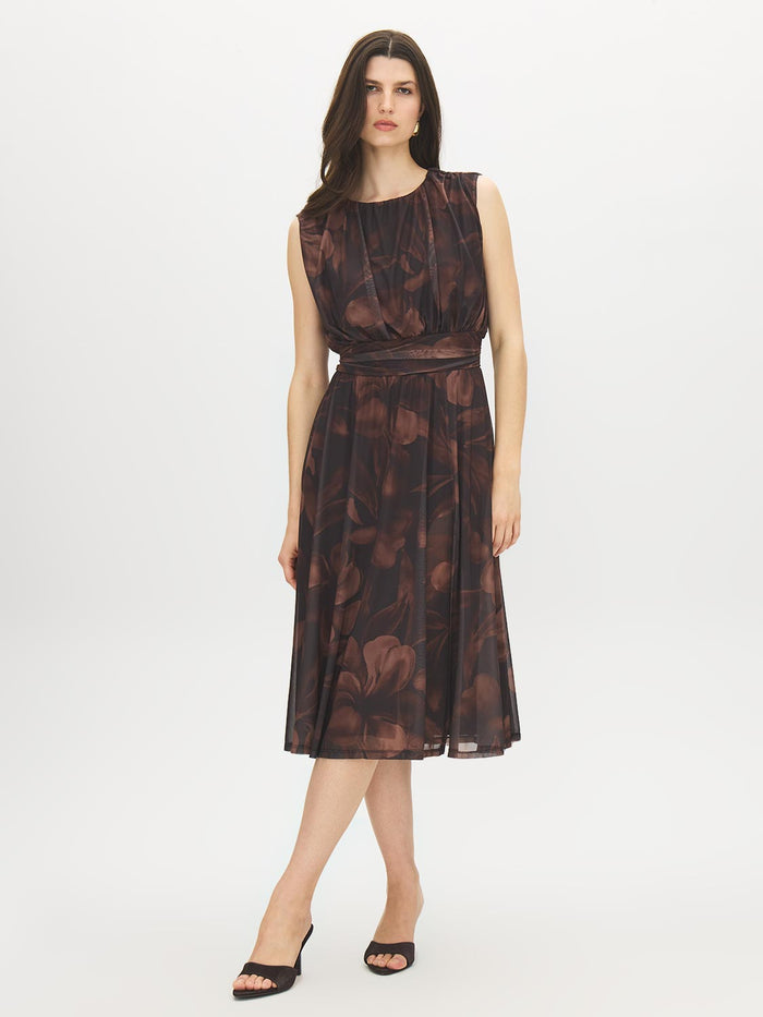 Floral Print Mesh Dress with Cummerbund Waist - Woman Wearing Sleeveless Midi Dress - Suzy Shier