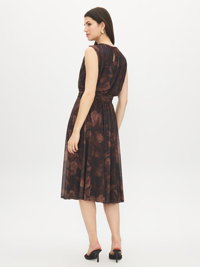 Floral Print Mesh Dress with Cummerbund Waist - Back View - Suzy Shier