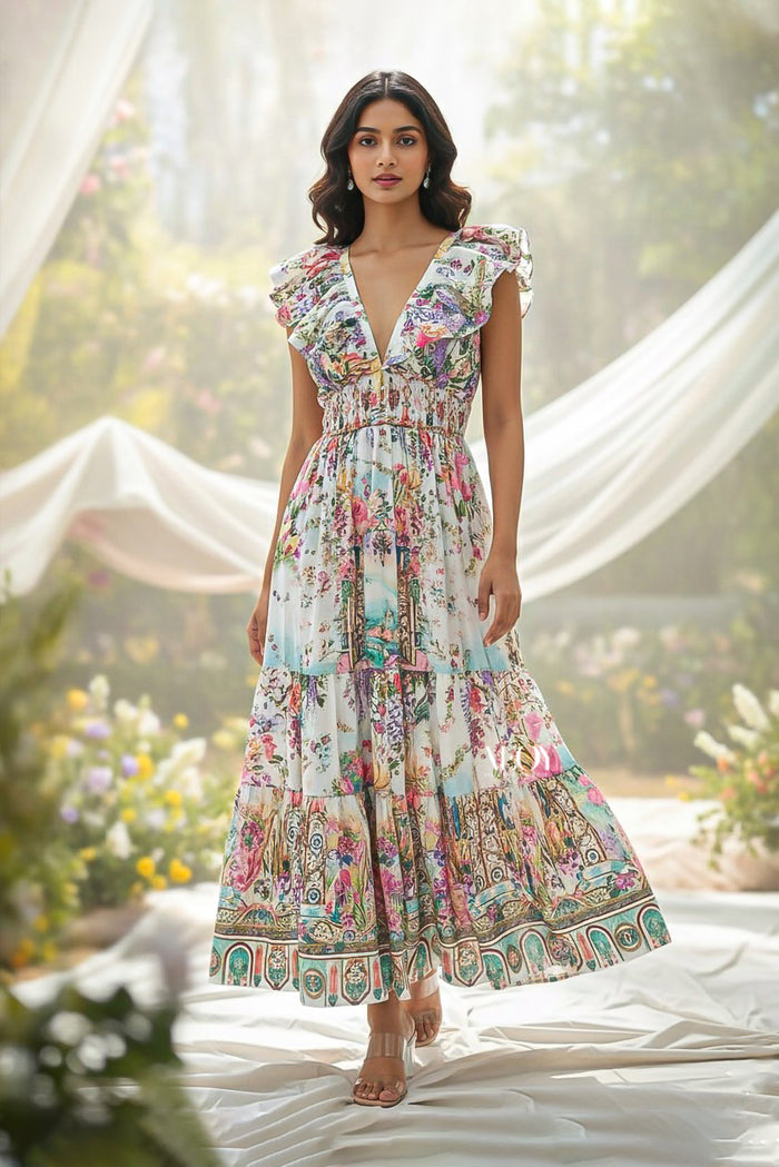 Floral printed ruffle maxi dress