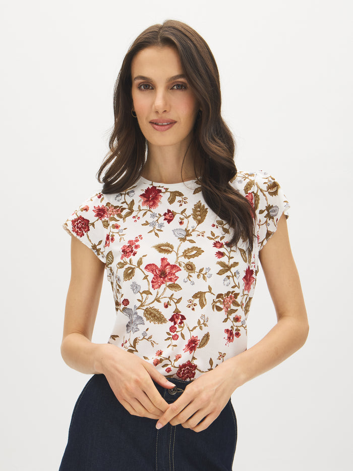 Snow White Floral Knit Top with Ruffle Sleeves - Woman Wearing Crew Neck Printed Blouse - Suzy Shier