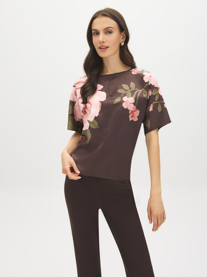 Coffee Bean Floral Satin-Front Dolman Sleeve Top - Woman Wearing Crew Neck Blouse - Suzy Shier