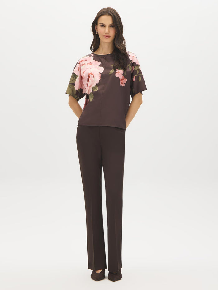 Coffee Bean Floral Satin-Front Dolman Sleeve Top - Front View - Suzy Shier