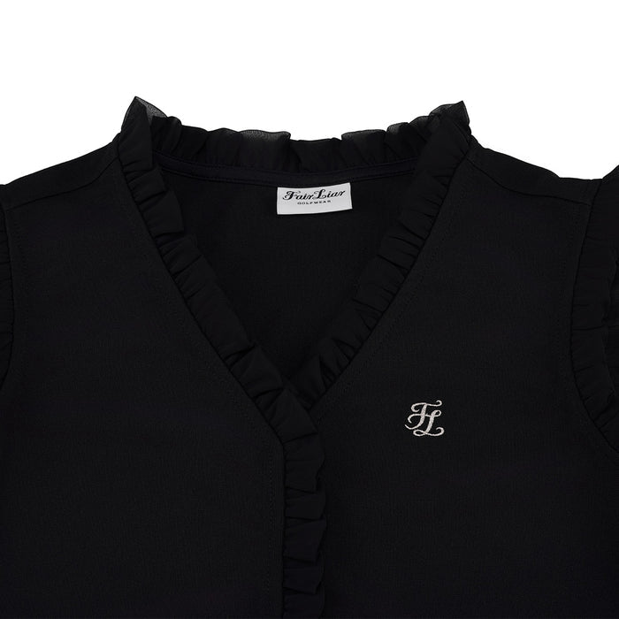 Frill V-neck sleeveless T-shirt (Black)