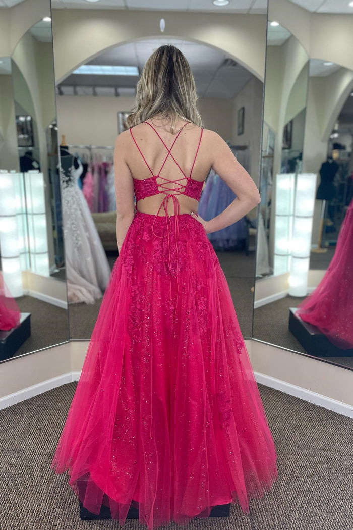 Fuchsia A-line Tulle Scoop Neckline Applique Slit Long Prom Dress