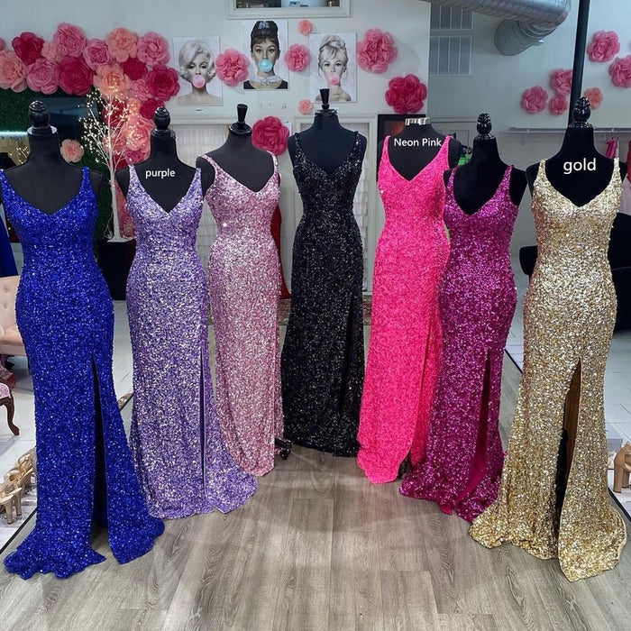 Fuchsia Sequins Mermaid Long Formal Dress with Slit