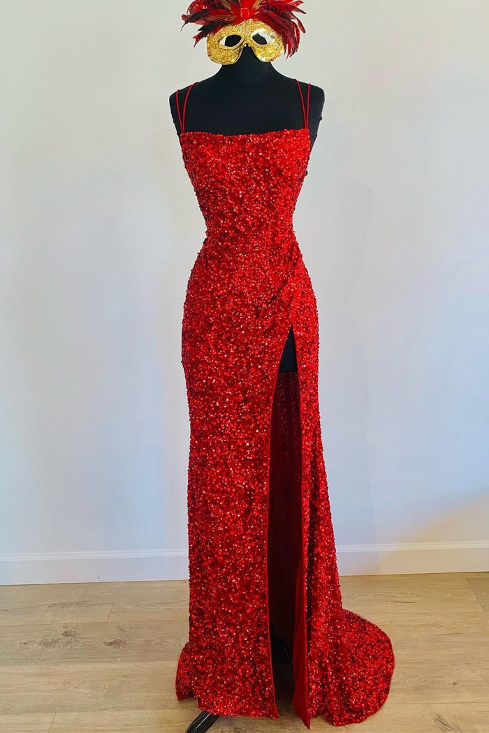 Fuchsia Sequins Mermaid Long Prom Dress with Slit