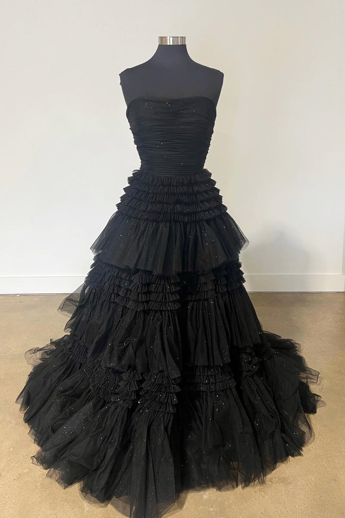 Fuchsia Strapless Ruffle Layers Pleated Long Prom Dress