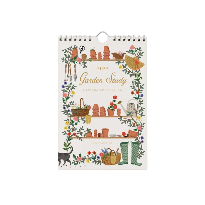 A 2027 Garden Study illustrated calendar by Kate Paper Ltd, featuring a cream-colored cover decorated with a whimsical garden illustration in green, terracotta, yellow, and red tones.