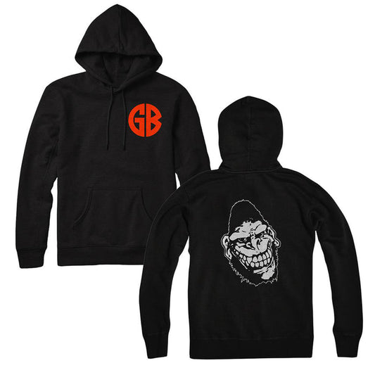 Black Gorilla Biscuits hoodie shown from front and back; features a red “GB” logo on the left chest and a large white graphic of a grinning cartoon gorilla’s face on the back.