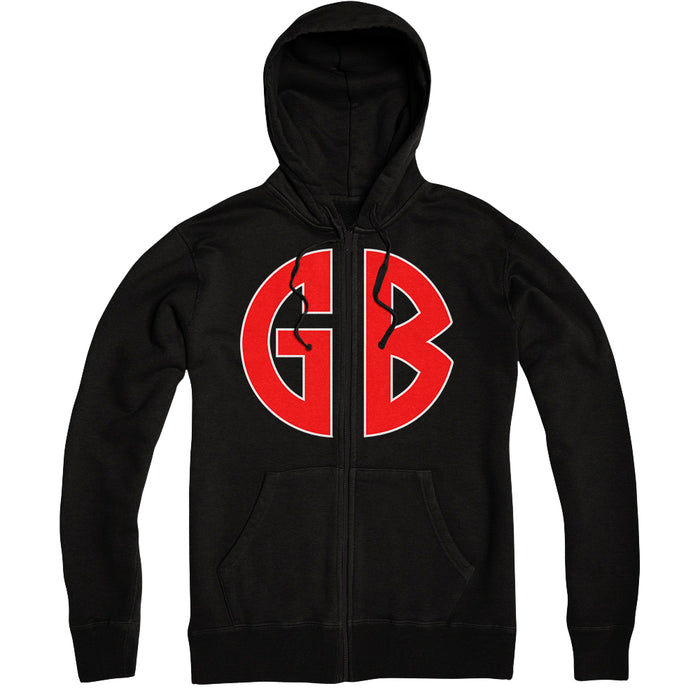 Black zip-up hoodie by Gorilla Biscuits featuring a bold red GB logo on the chest, drawstring hood, and front pockets.