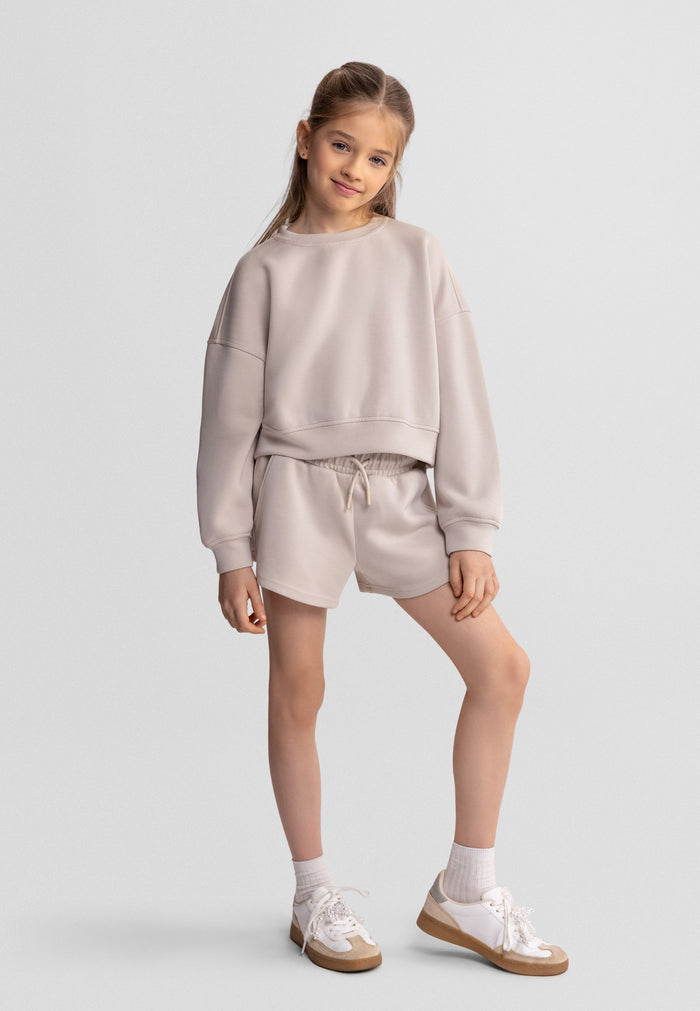 Cropped Sweatshirt & Shorts Set, Beige - 1