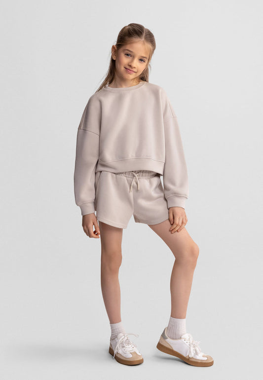Cropped Sweatshirt & Shorts Set, Beige - 1