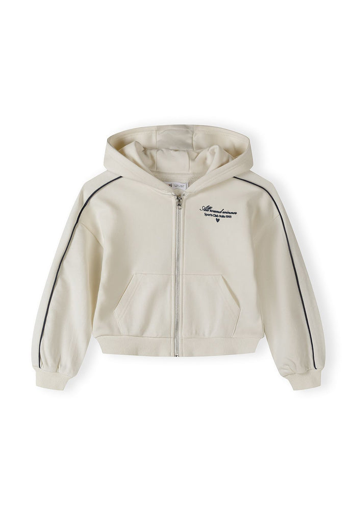 White hooded jacket for girls, front zip, side pockets, close-up.