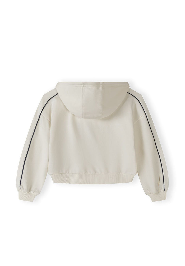 Back view of a white hooded jacket with elastic hem and side stripes.
